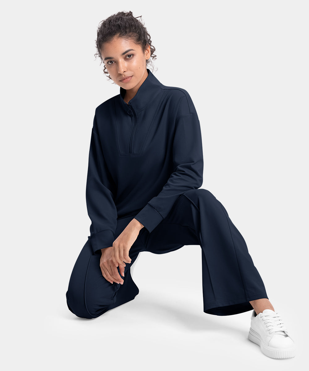 Women's Funnel-Neck Half Zip Pullover and Wide Leg Pants Lounge Sets