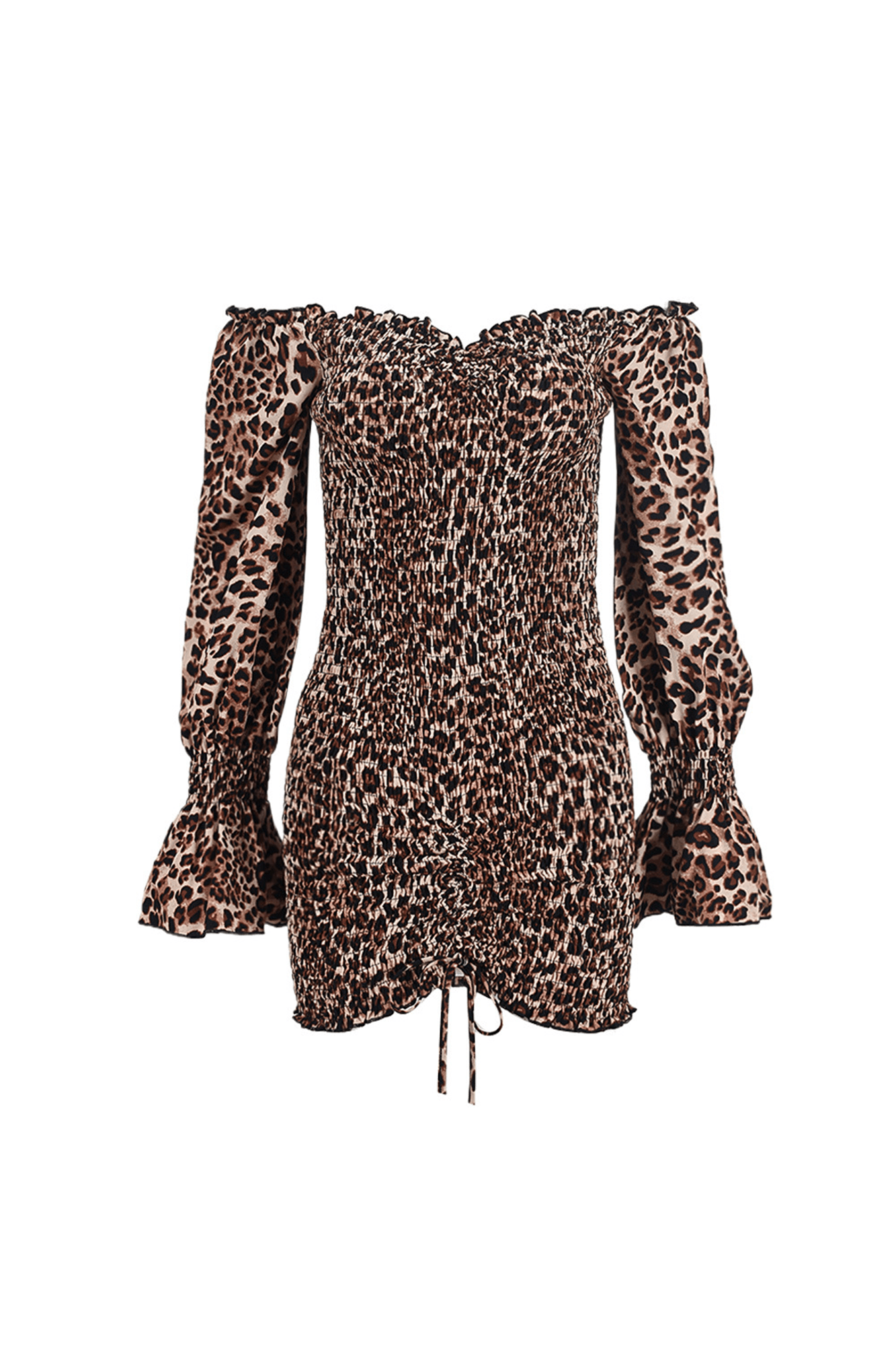 Off Shoulder Leopard Print Ruched Mini Dress