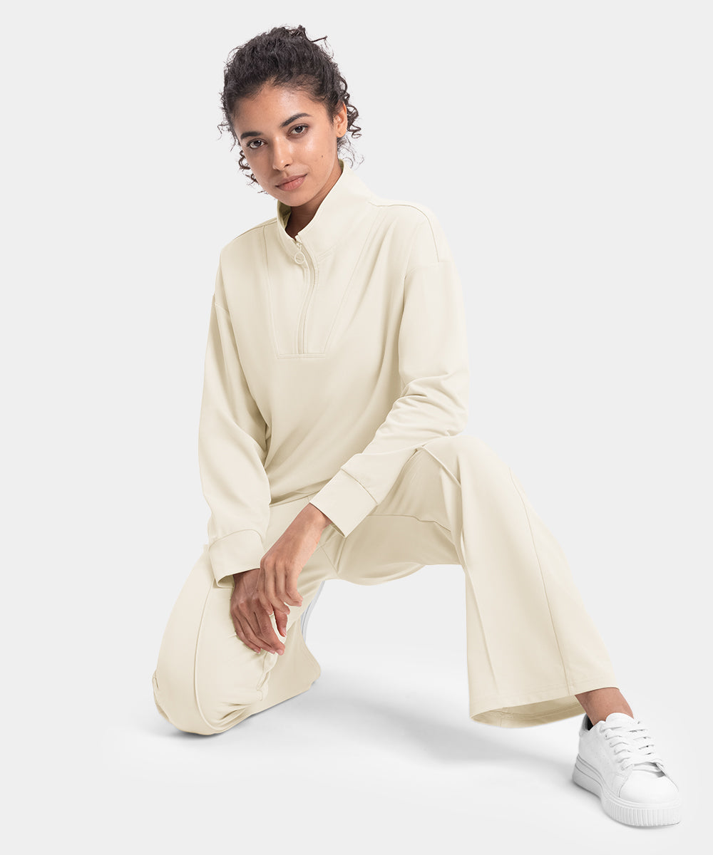 Women's Funnel-Neck Half Zip Pullover and Wide Leg Pants Lounge Sets