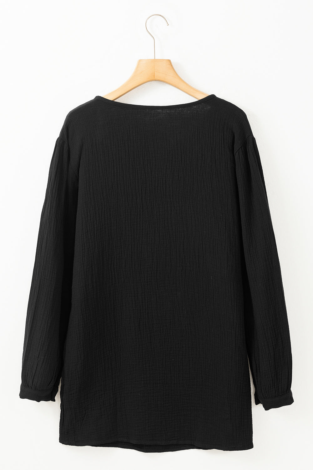 Black Casual Pleated V Neck Textured Loose Top