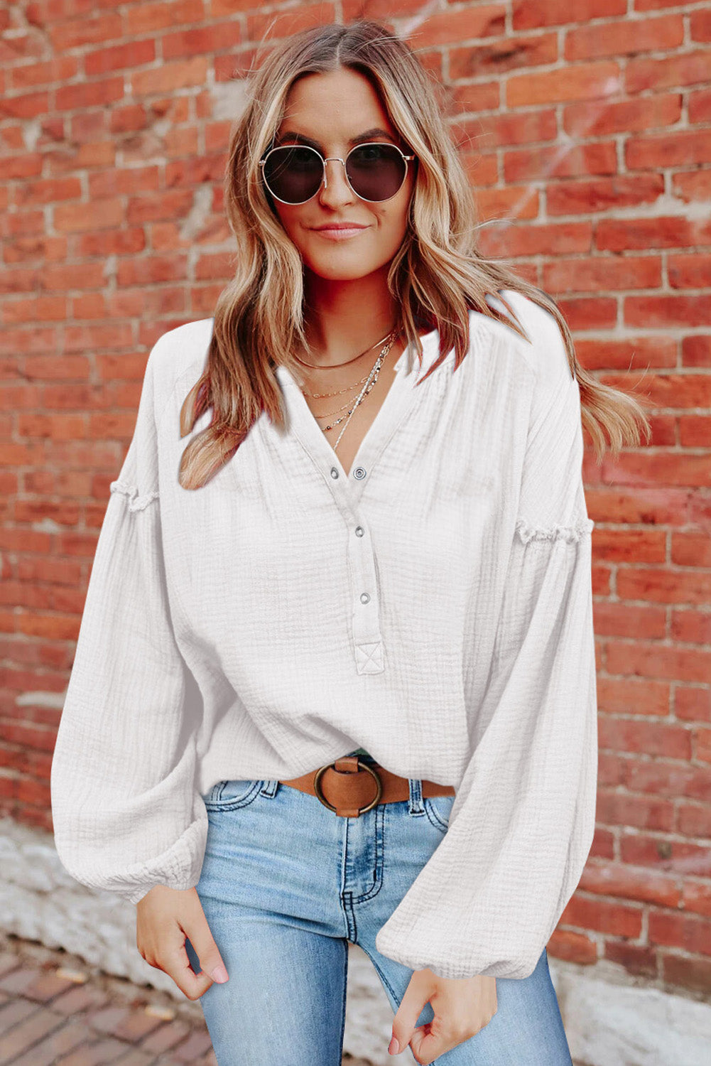 White Casual Balloon Sleeve Crinkled Top