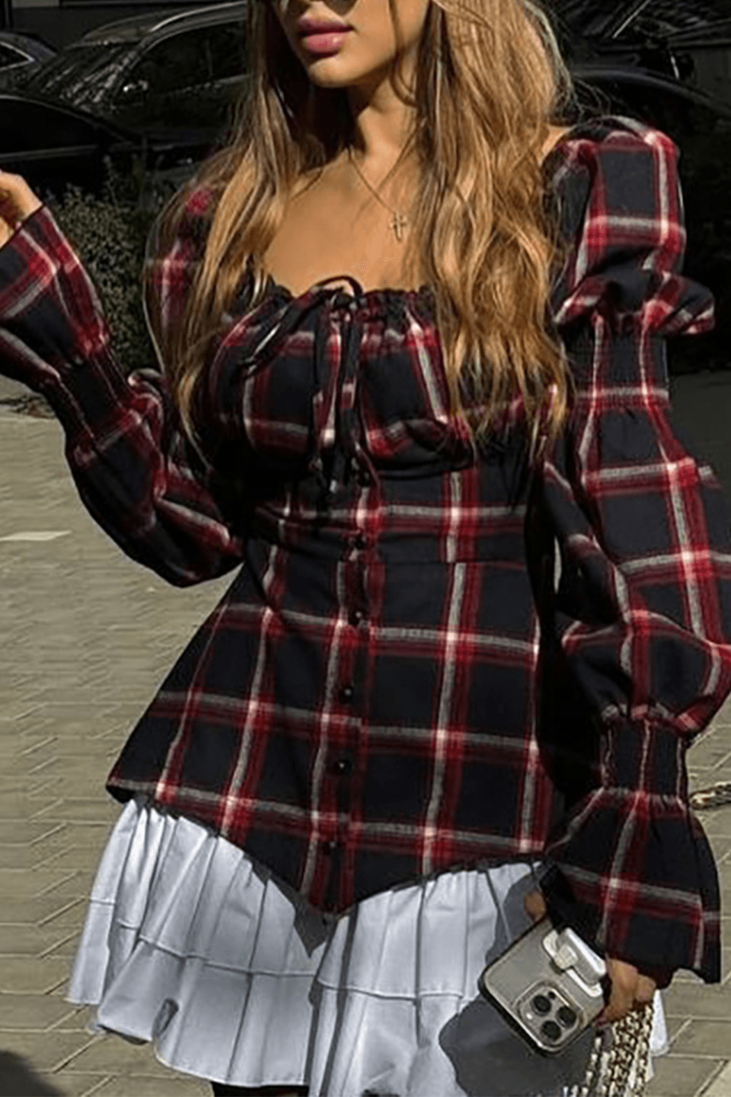 Plaid Print Bubble Sleeve Mini Dress