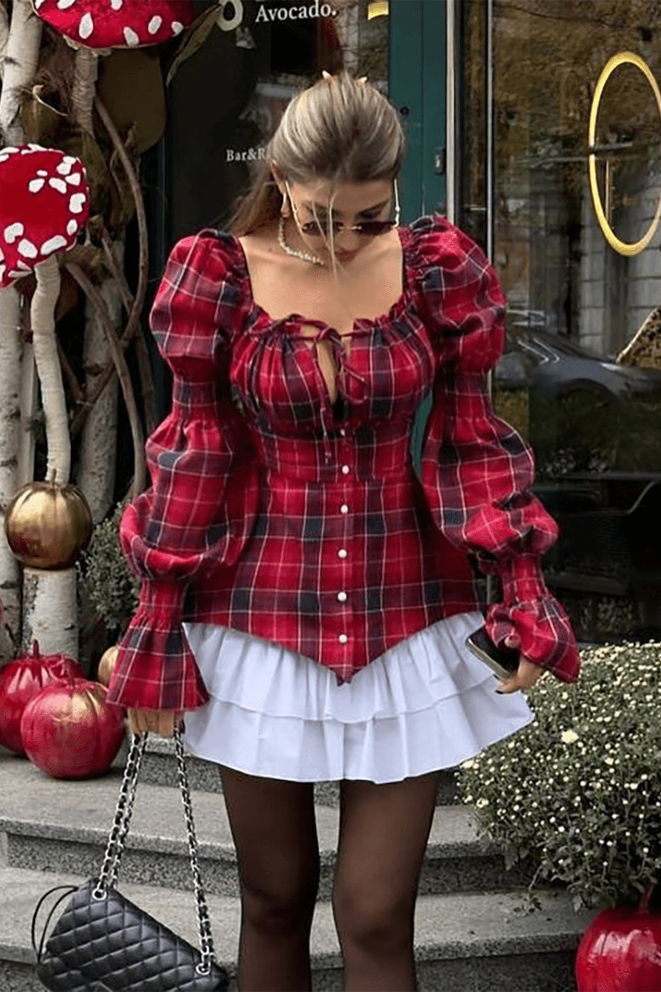 Plaid Print Bubble Sleeve Mini Dress