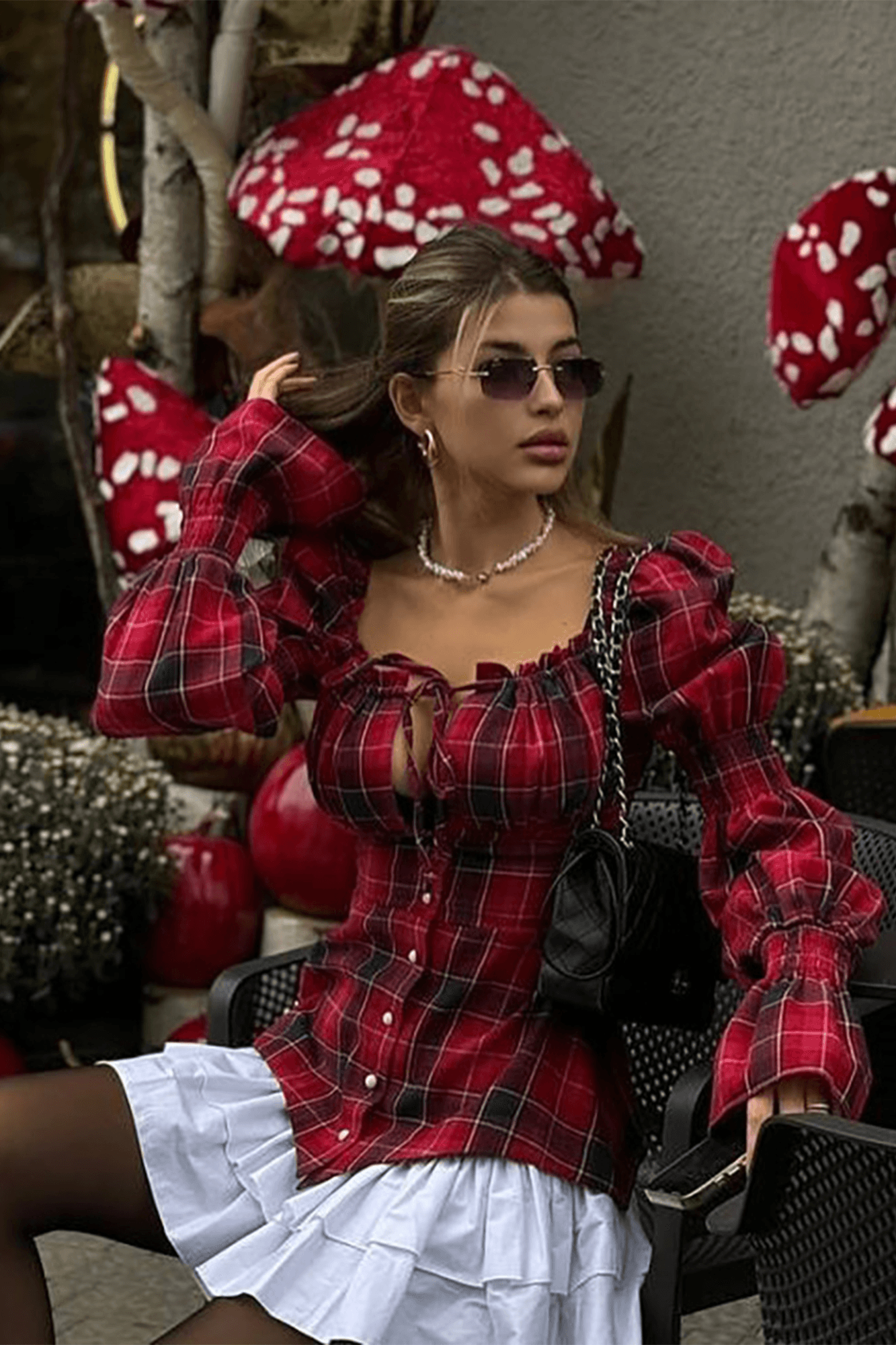 Plaid Print Bubble Sleeve Mini Dress