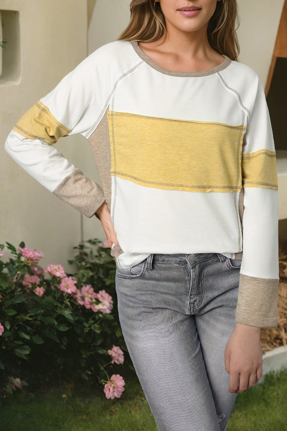 White Color Block Exposed Seam Raglan Sleeve Top