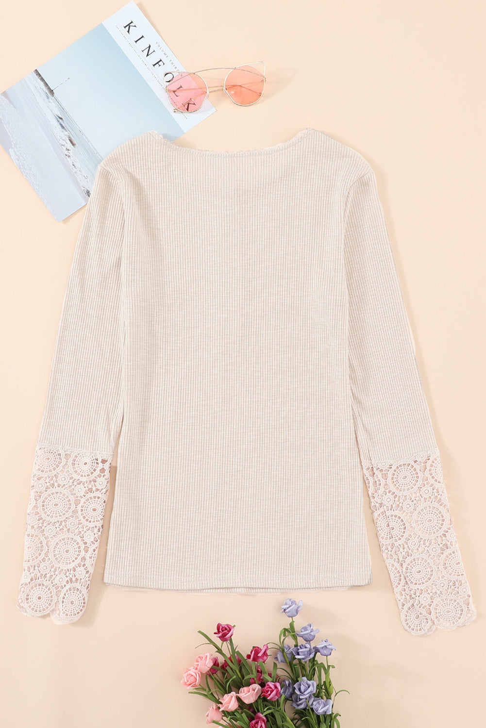 Beige Crochet Lace Hem Sleeve Button Top