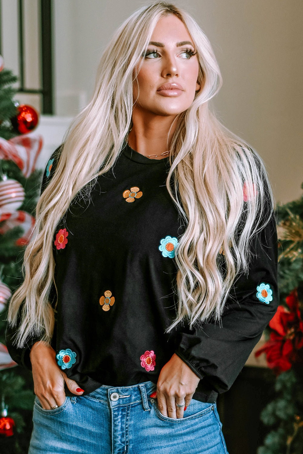 Black Floral Embroidered Puff Sleeve Top