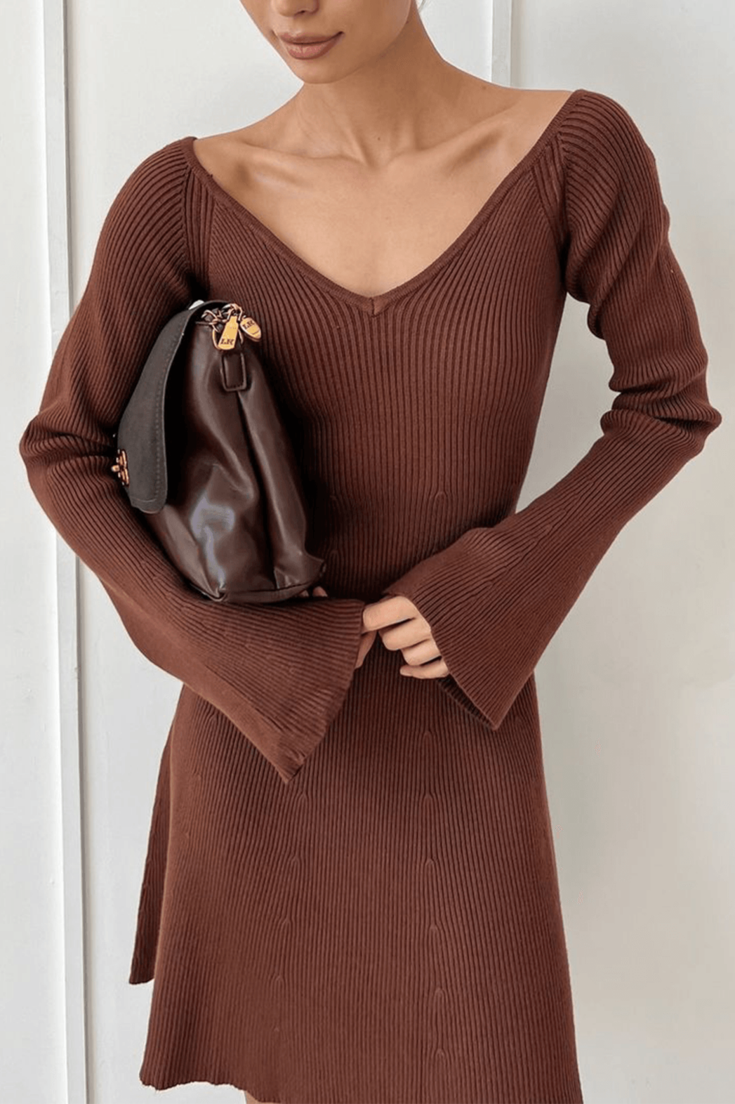 Solid Color Knit Flare Sleeve V Neck Mini Dress