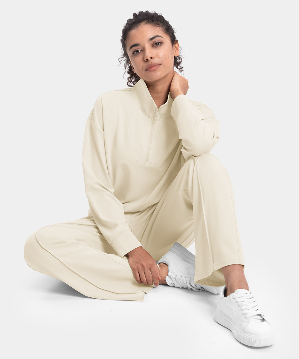 Women's Funnel-Neck Half Zip Pullover and Wide Leg Pants Lounge Sets