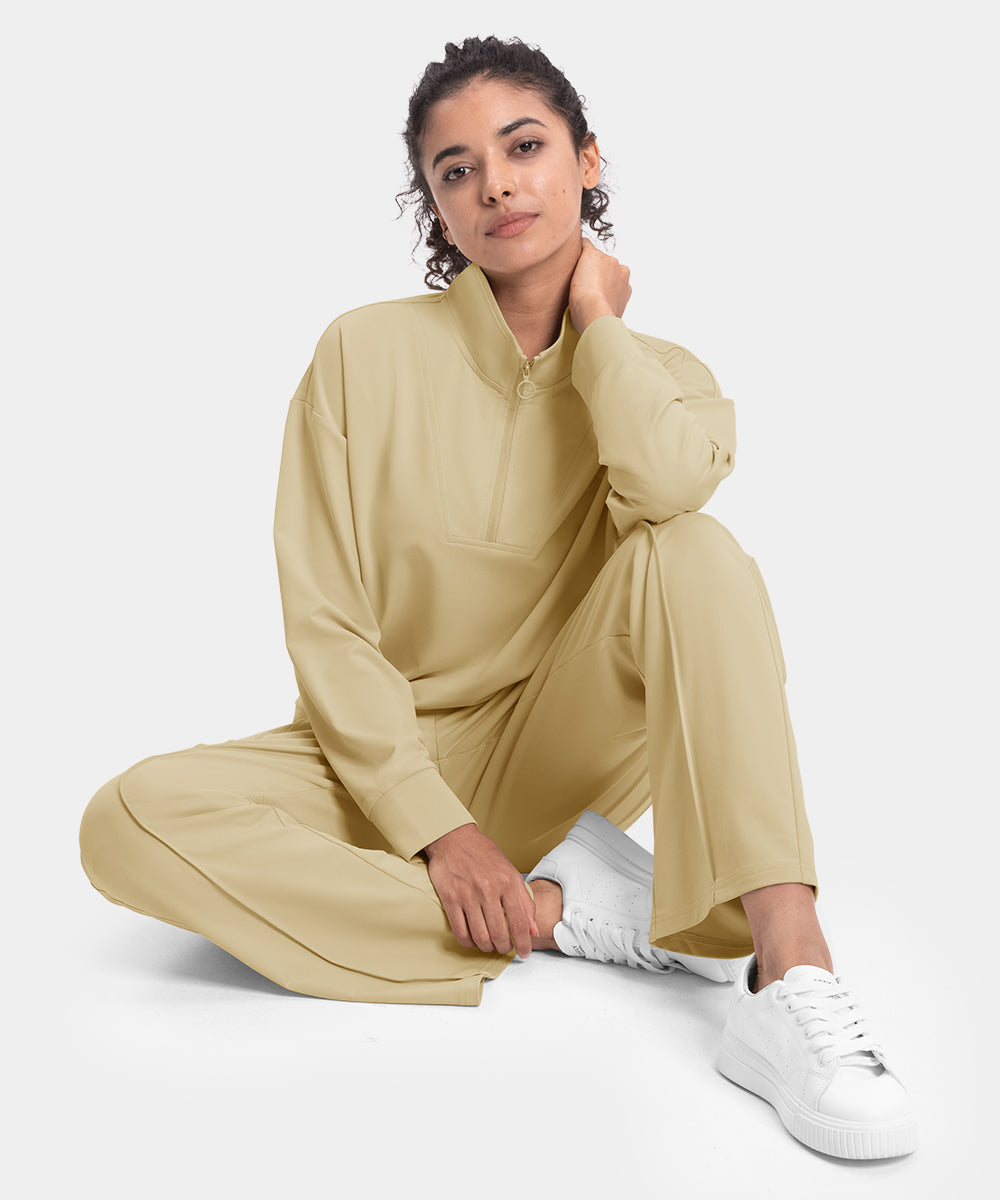 Women's Funnel-Neck Half Zip Pullover and Wide Leg Pants Lounge Sets