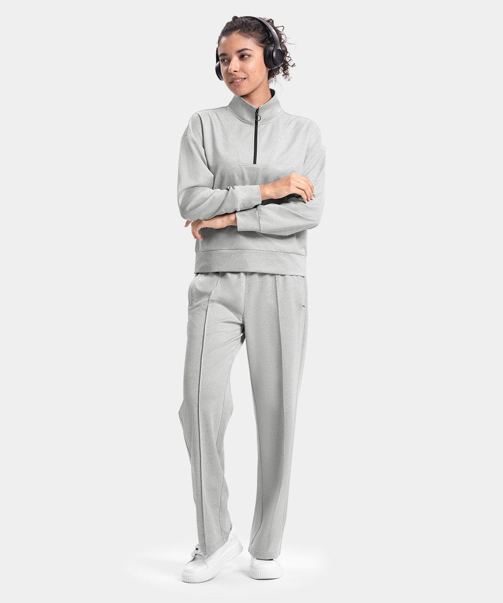 Women's Funnel-Neck Half Zip Pullover and Wide Leg Pants Lounge Sets