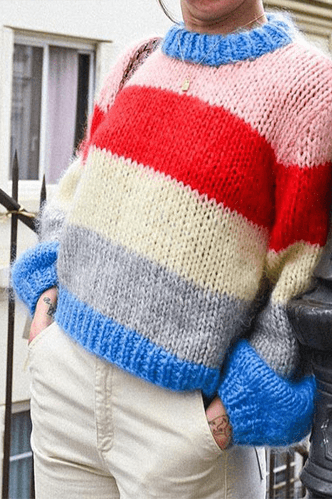 Crew Neck Patchwork Lantern Sleeves Sweater