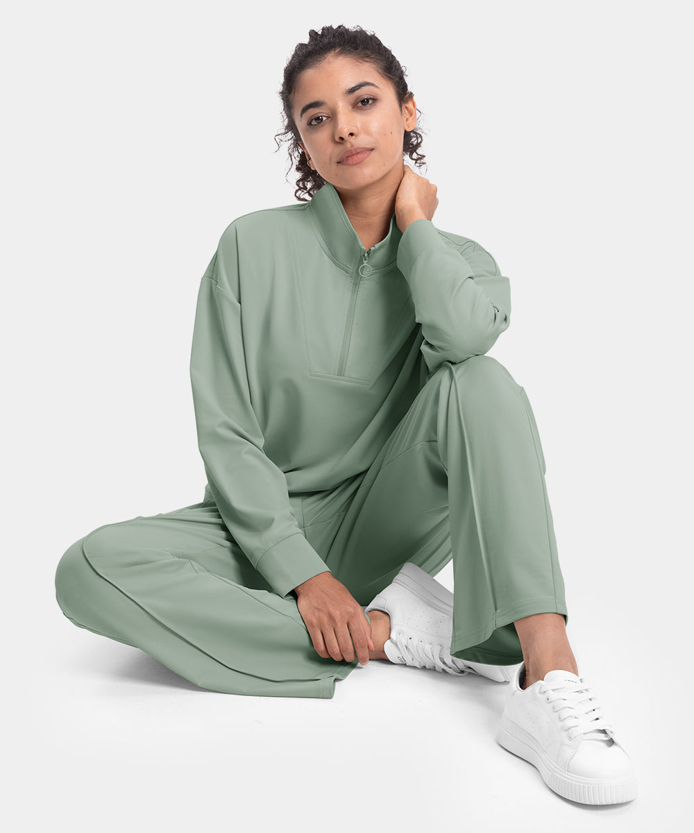 Women's Funnel-Neck Half Zip Pullover and Wide Leg Pants Lounge Sets