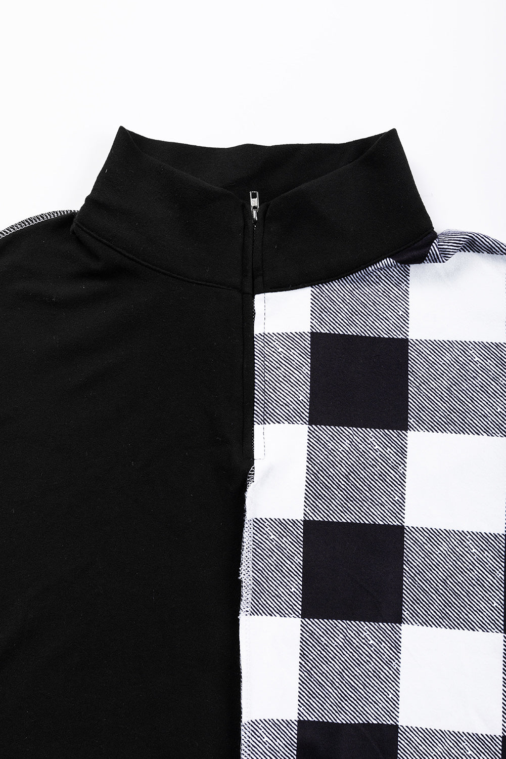 Black Checkboard Patchwork Exposed Stitching Collared Top