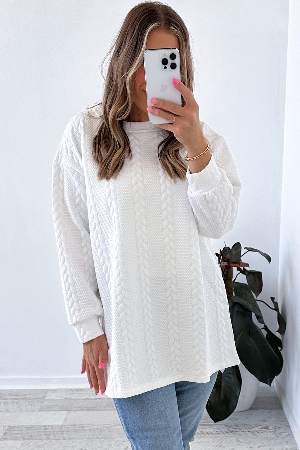 White Cable Textured Long Sleeve Round Neck Top