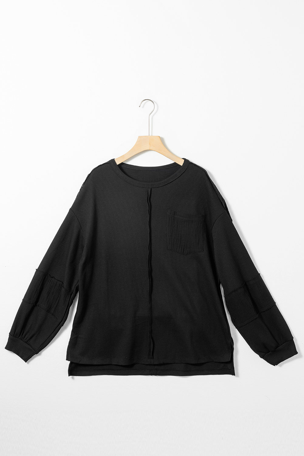 Black Exposed Seam Patchwork Bubble Sleeve Waffle Knit Top