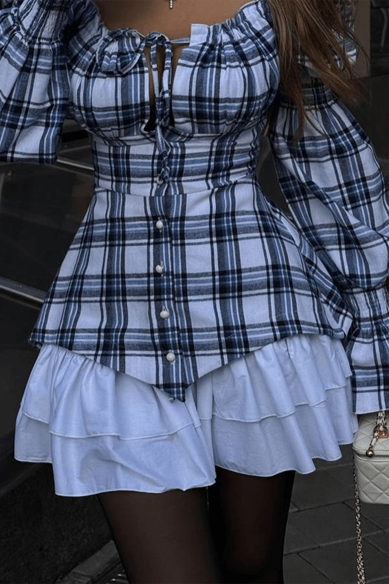 Plaid Print Bubble Sleeve Mini Dress