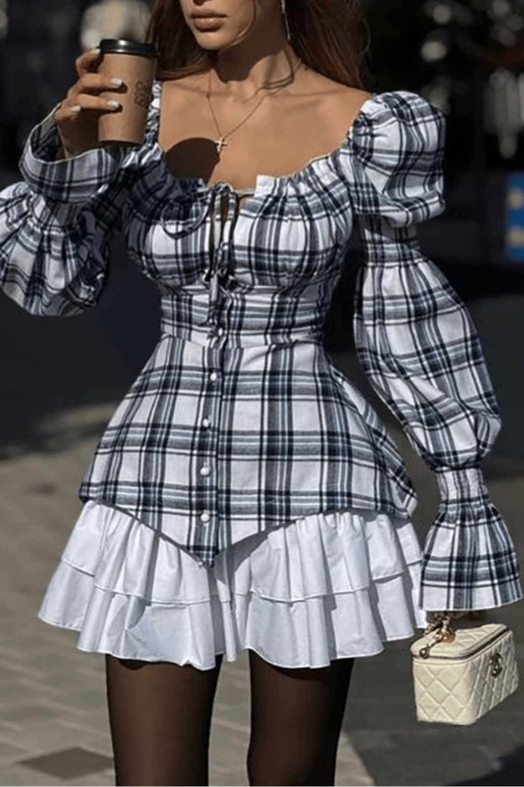 Plaid Print Bubble Sleeve Mini Dress