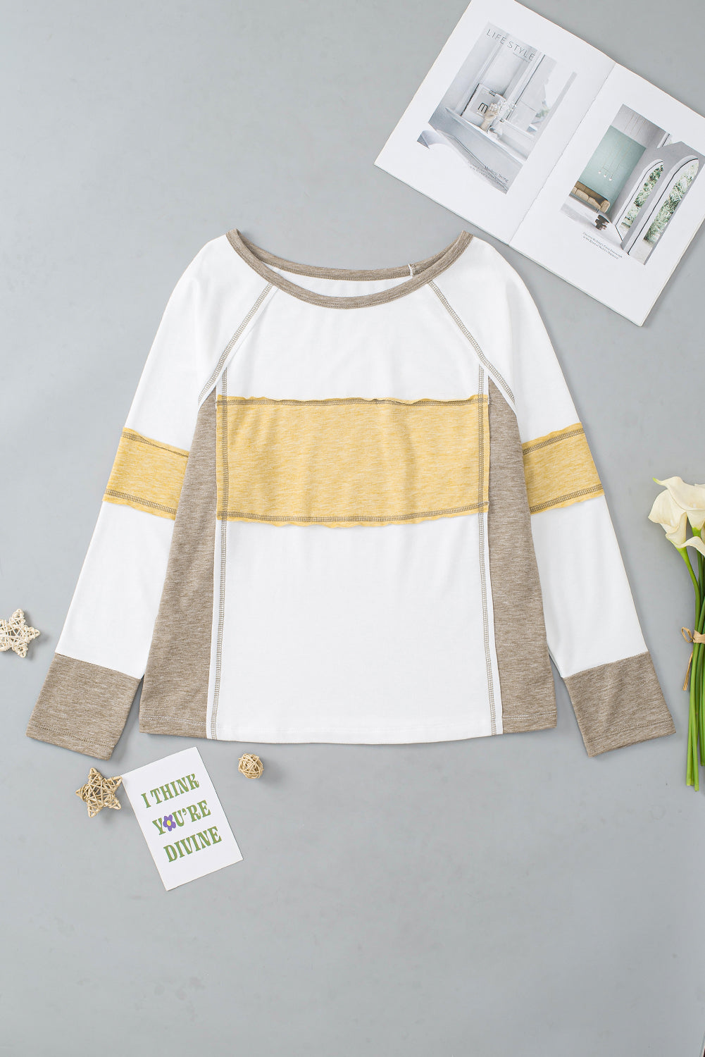 White Color Block Exposed Seam Raglan Sleeve Top