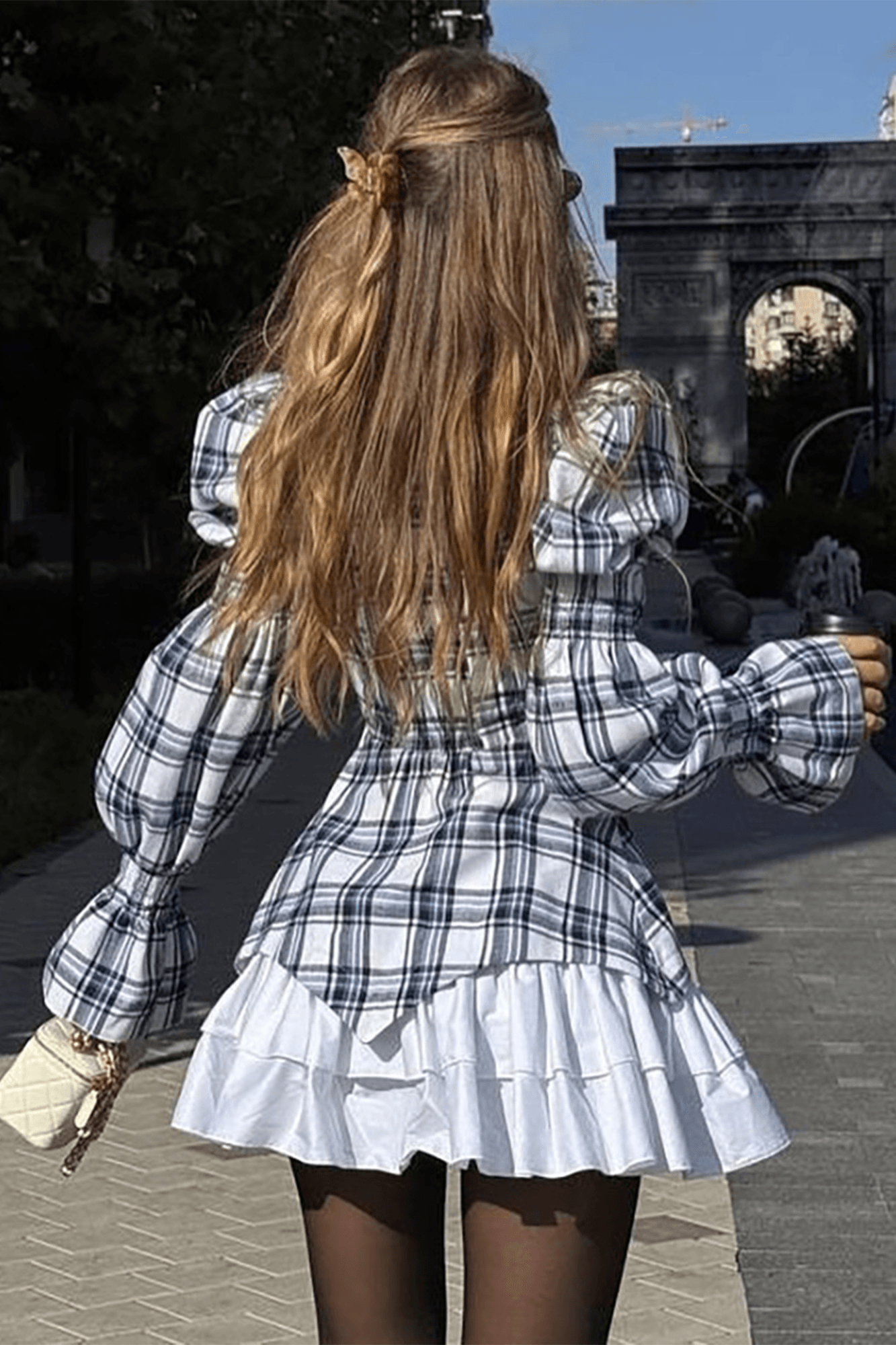 Plaid Print Bubble Sleeve Mini Dress