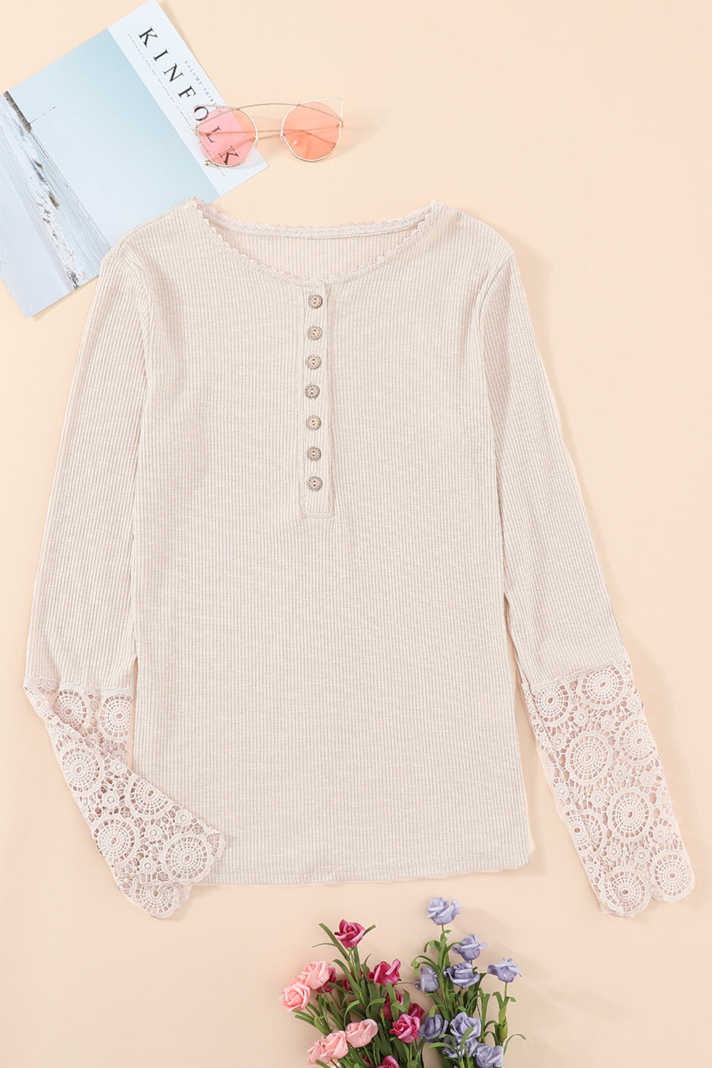 Beige Crochet Lace Hem Sleeve Button Top