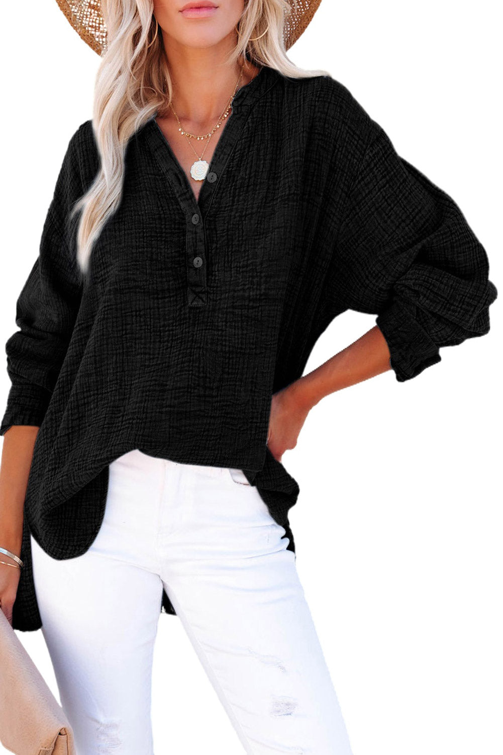 Black Crinkle Textured Loose Henley Top