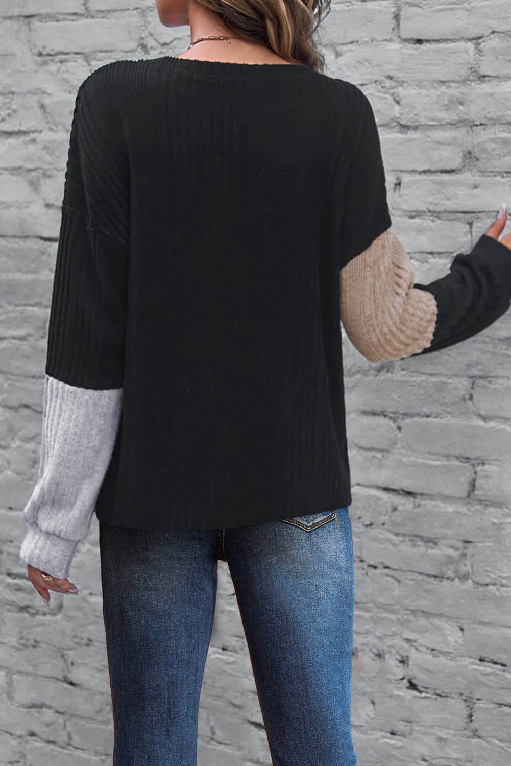 Black Colorblock Textured Knit Top