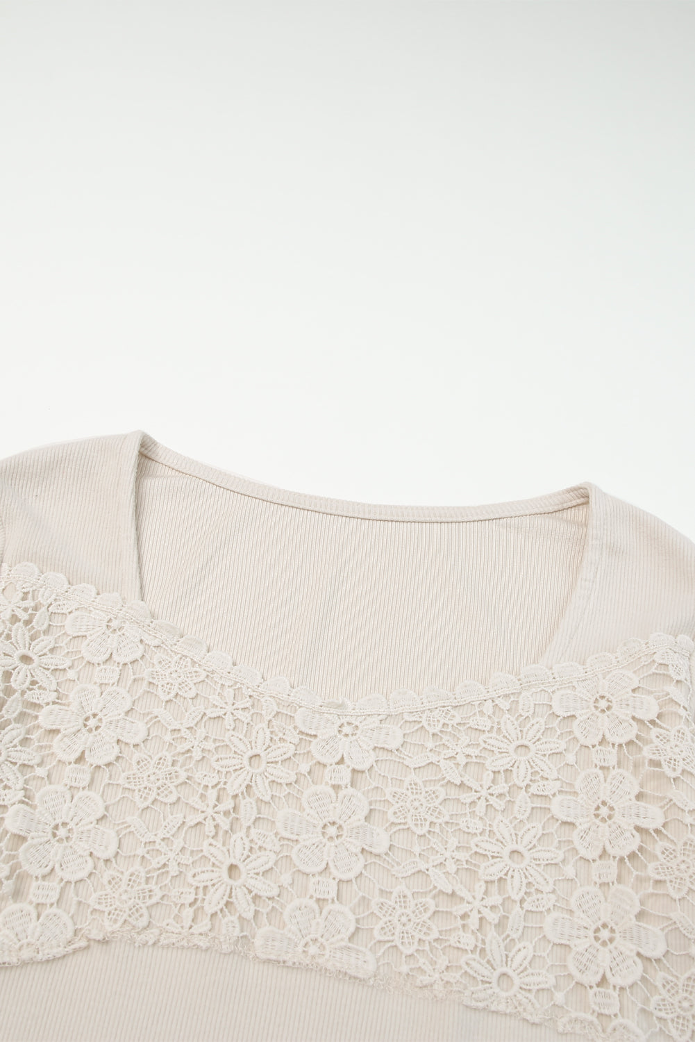 Beige Lace Crochet V Neck Long Sleeve Top