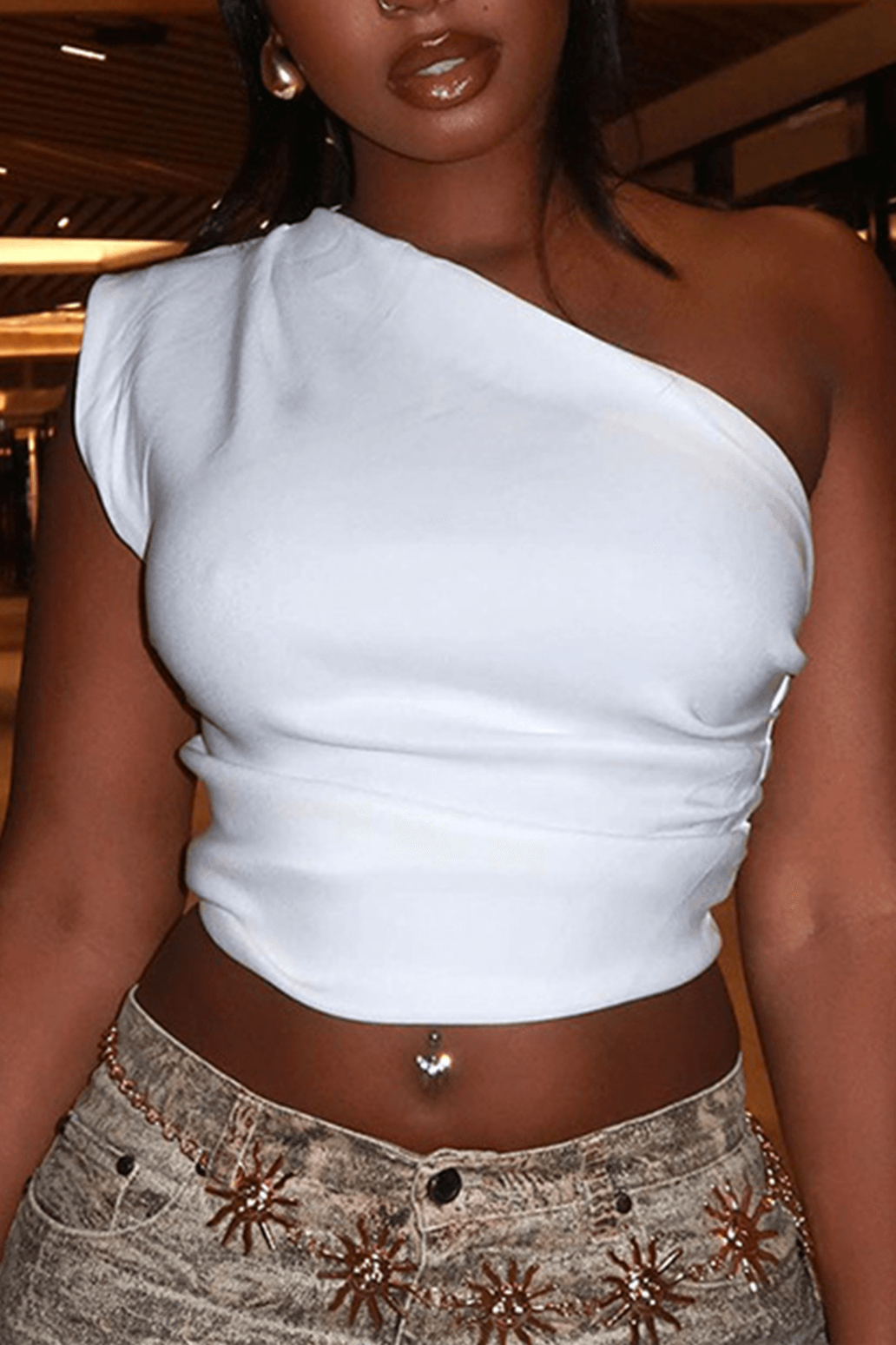 Solid One Shoulder Ruched Crop Top