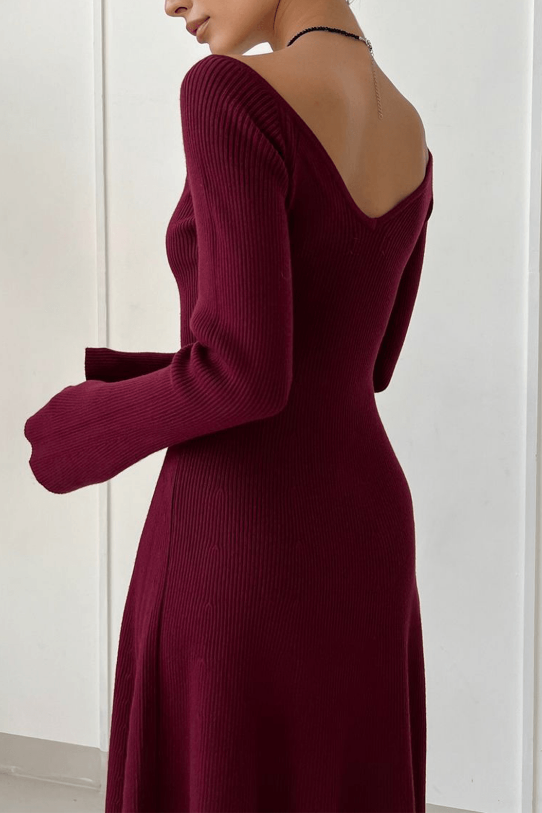 Solid Color Knit Flare Sleeve V Neck Mini Dress