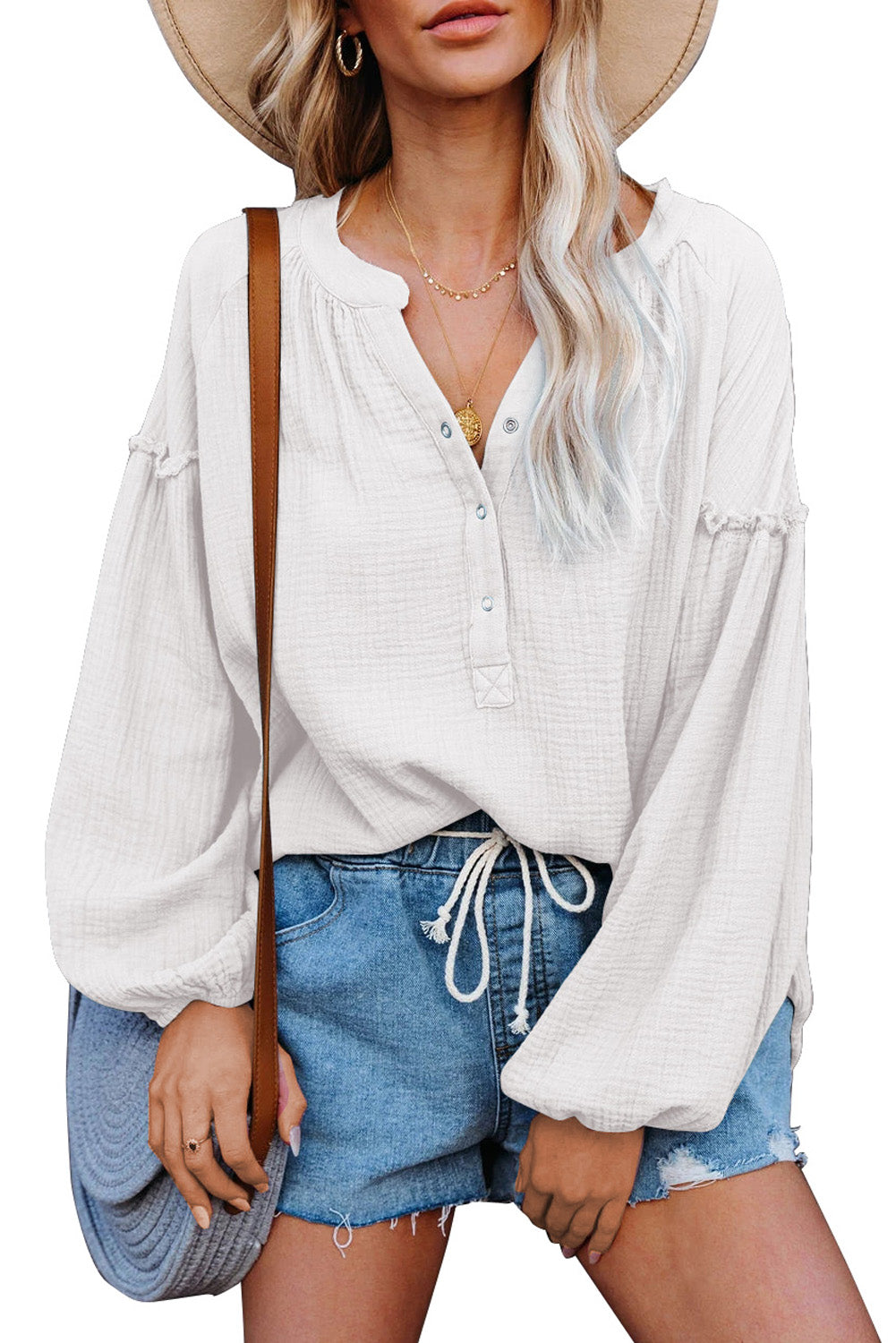 White Casual Balloon Sleeve Crinkled Top