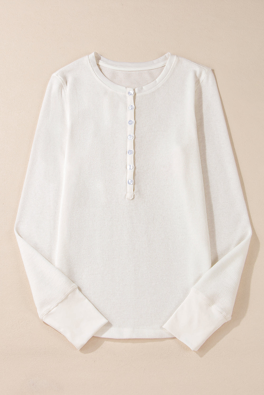 White Solid Color Waffle Half Button Long Sleeve Top