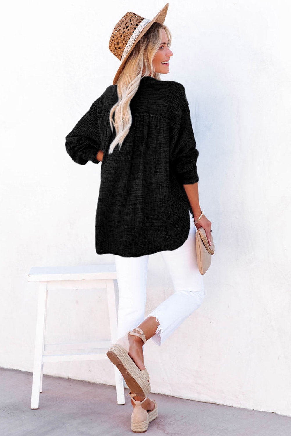 Black Crinkle Textured Loose Henley Top