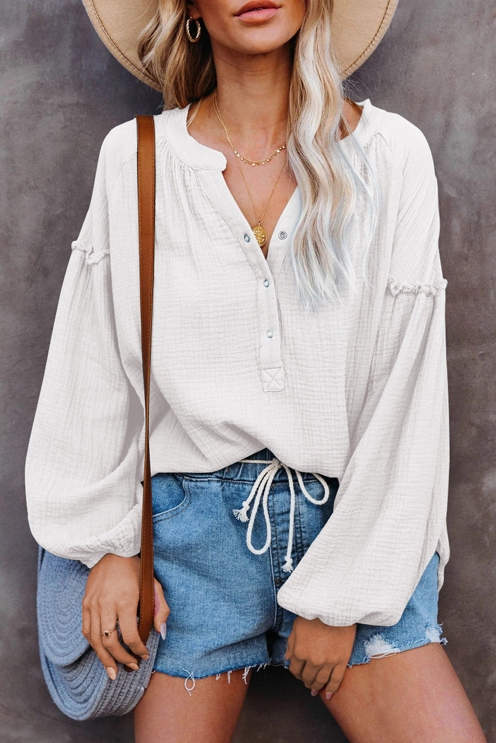 White Casual Balloon Sleeve Crinkled Top