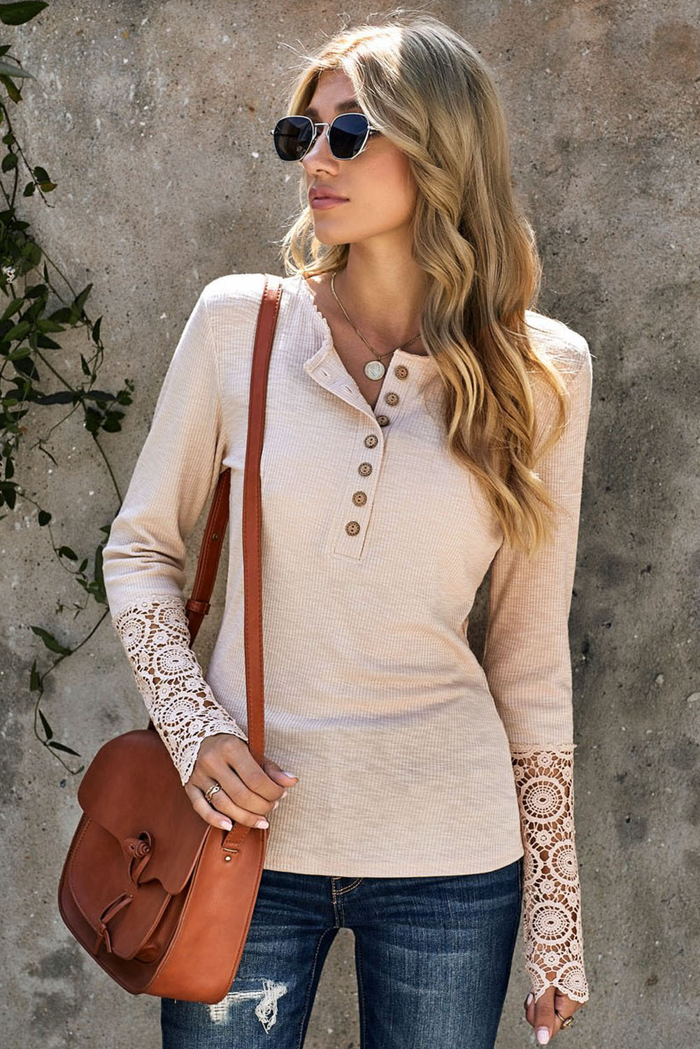 Beige Crochet Lace Hem Sleeve Button Top