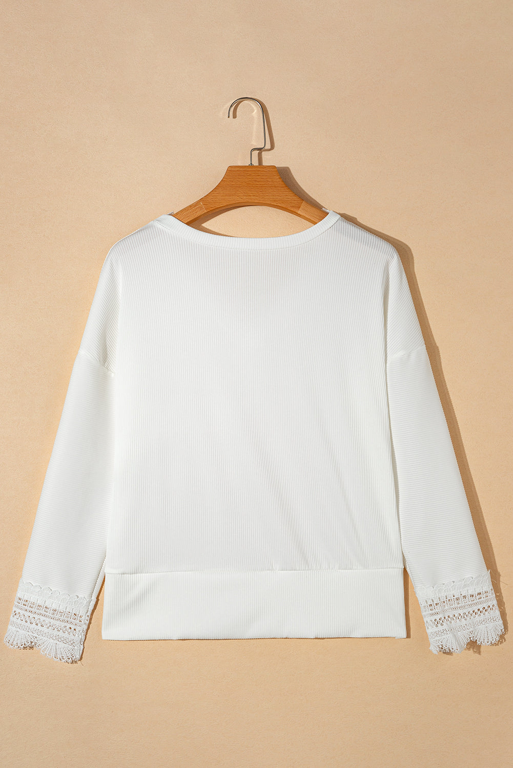 White Ribbed Texture Lace Trim V Neck Long Sleeve Top