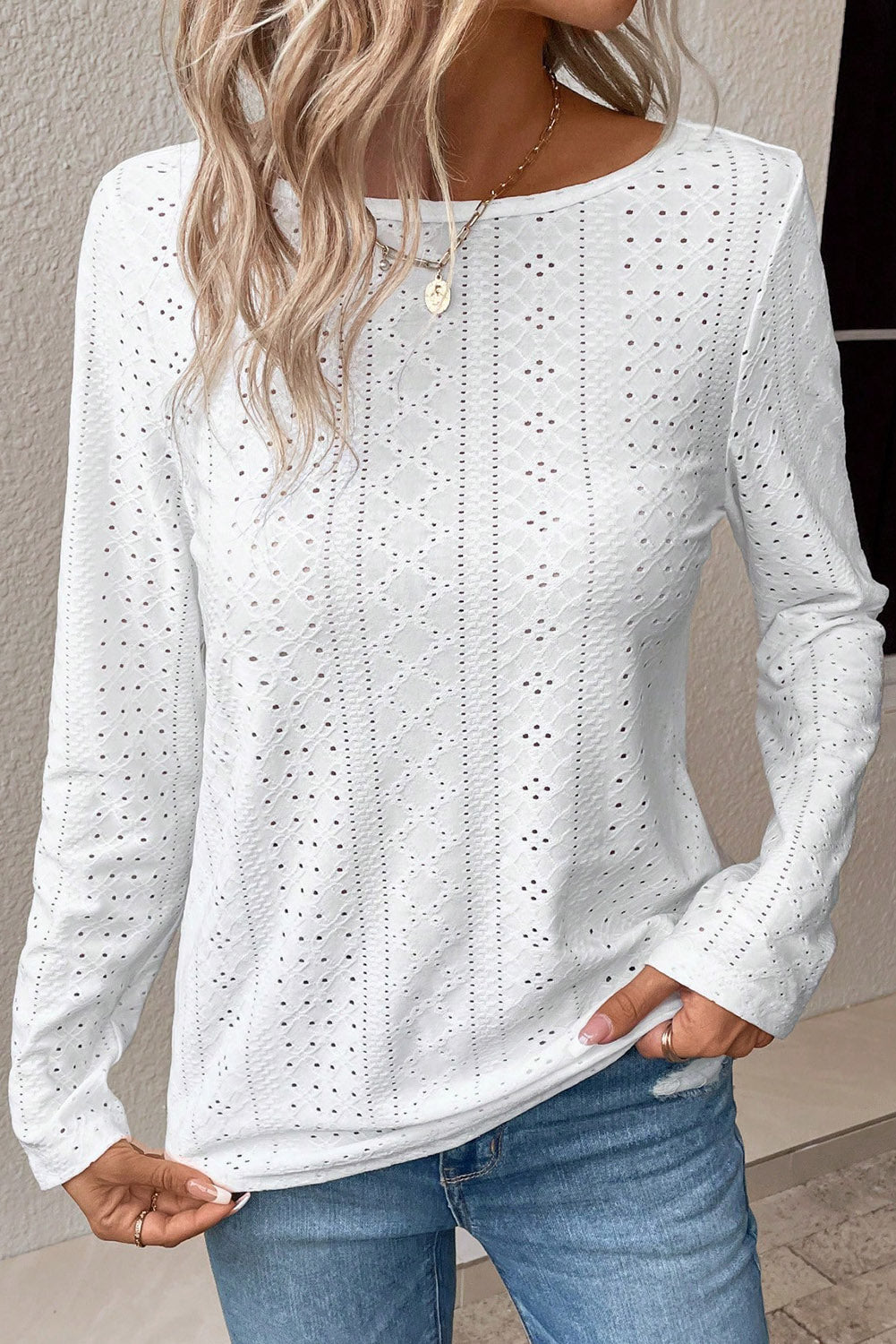 White Floral Lace Splicing Eyelet Long Sleeve Top