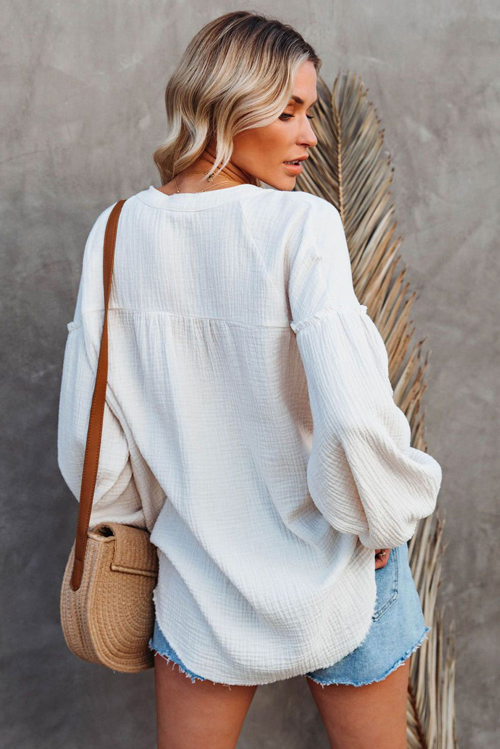 White Casual Balloon Sleeve Crinkled Top