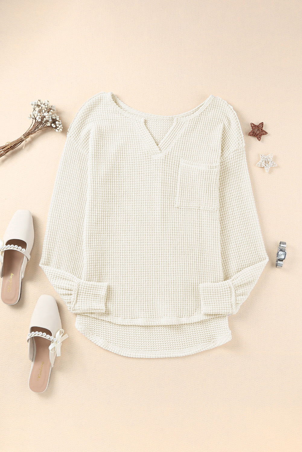 Beige Waffle Knit Split Neck Pocketed Loose Top