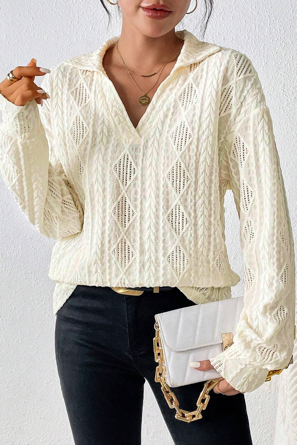 White Cable Rhombus Texture Collared Split Neck Top