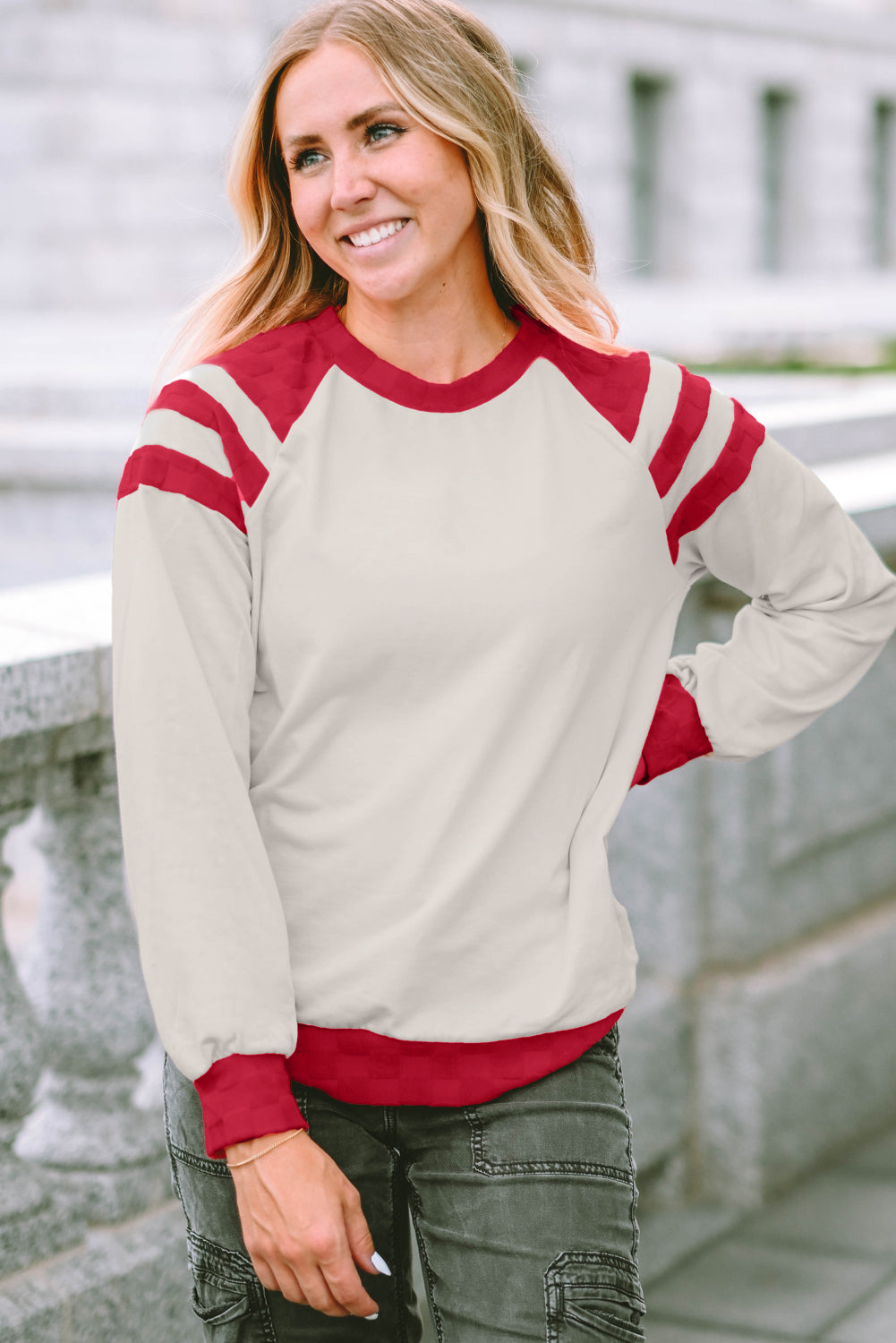 Apricot Color Block Raglan Long Sleeve Top