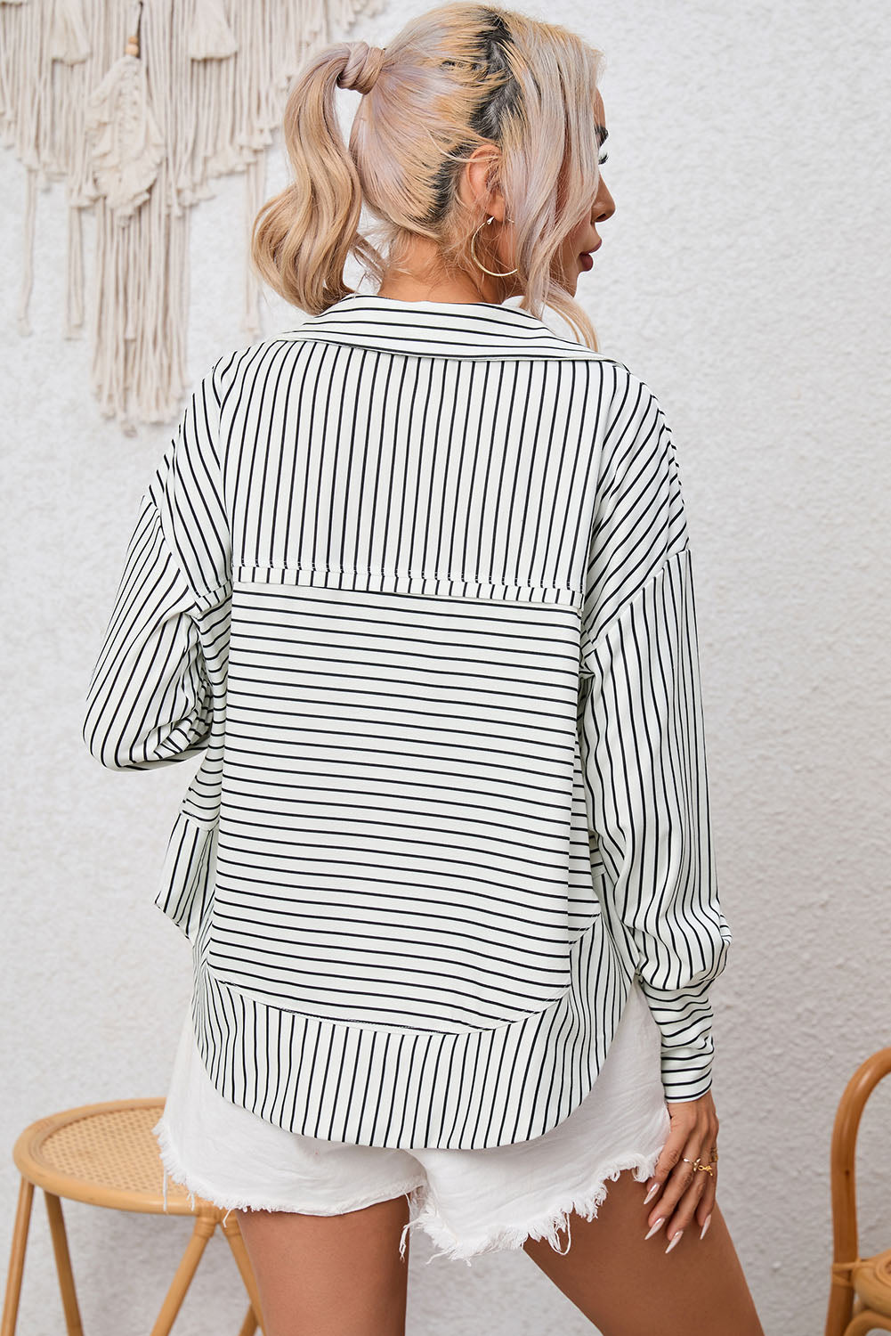 White Striped Thumbhole Drop Shoulder V Neck Top