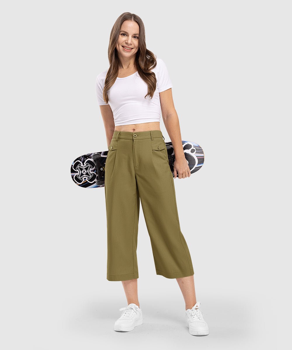 Women High Waisted Wide Leg Linen Palazzo Capri Pants