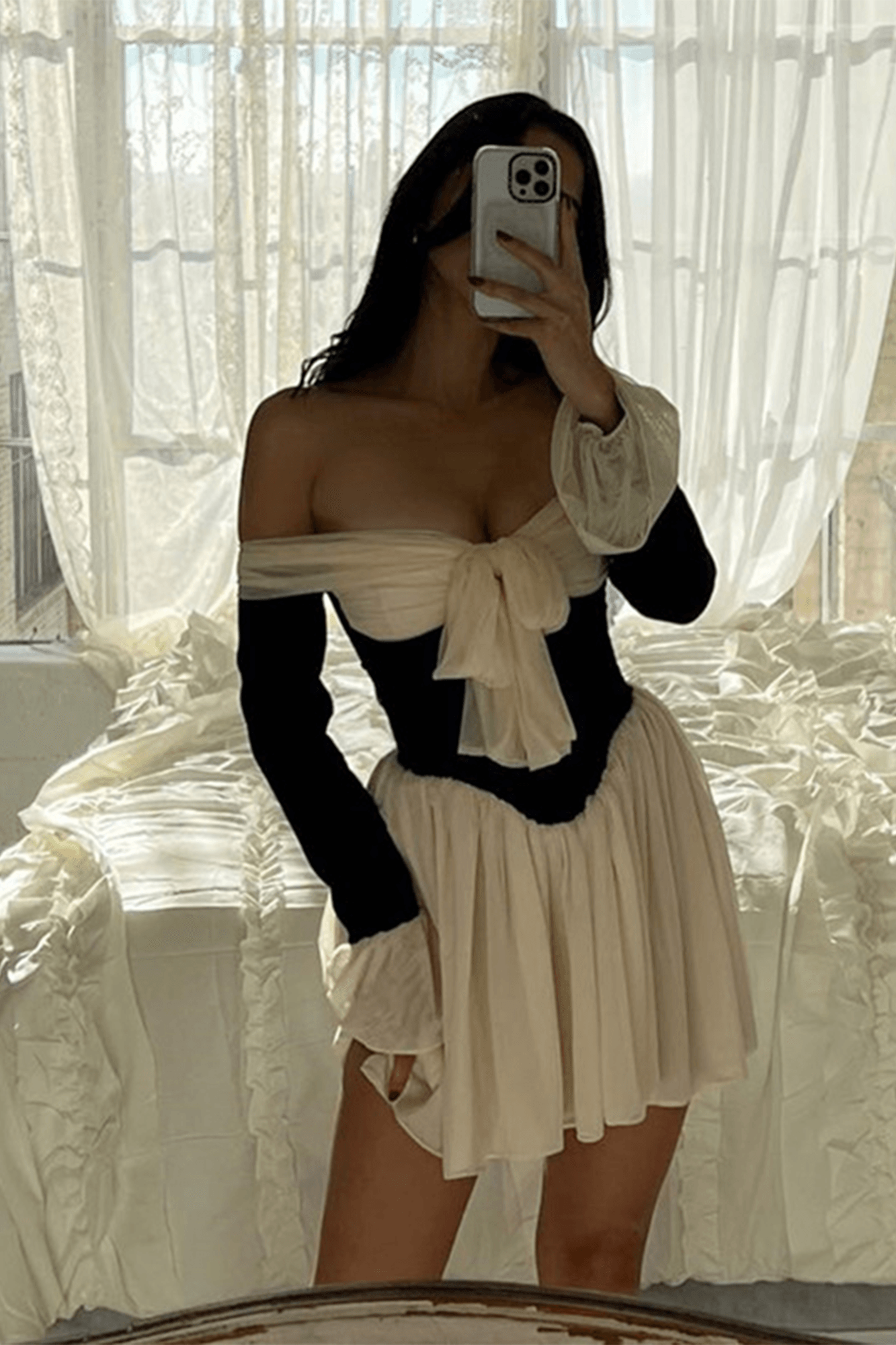 Off Shoulder Contrast Color Tie Mini Dress