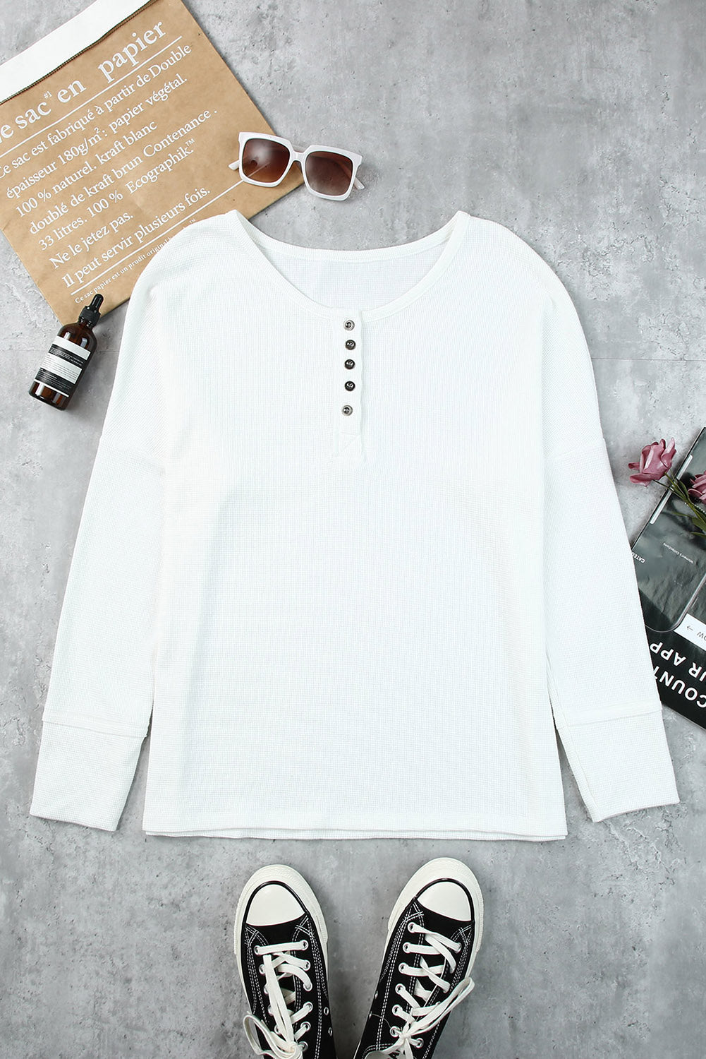 White Waffle Knit Henley Top