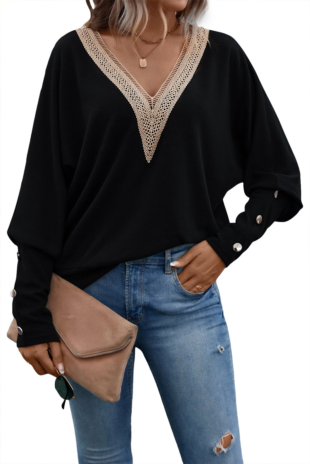 Black Contrast Guipure Lace Batwing Sleeve Top