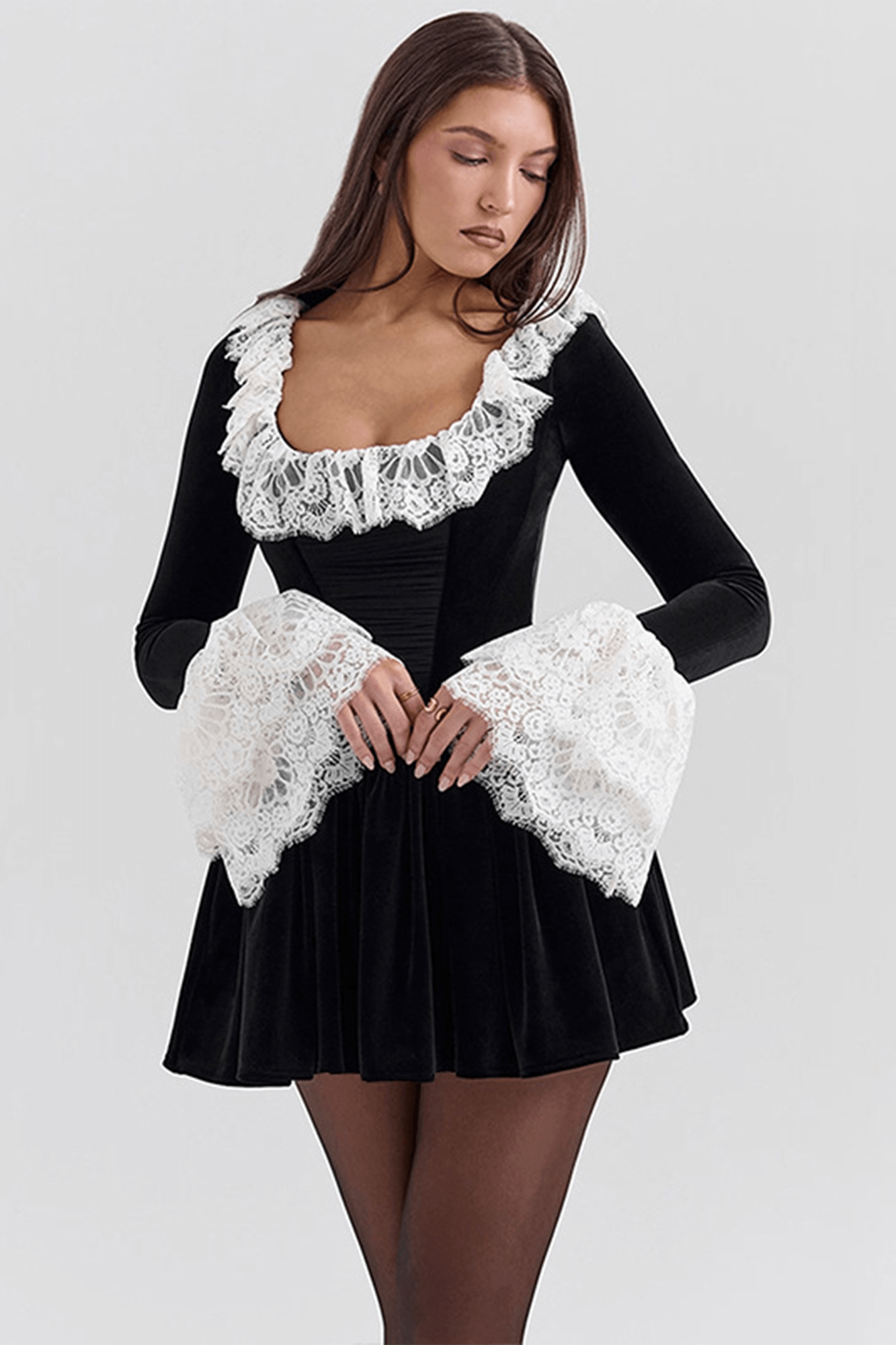 Square Neck Lace Flare Sleeve Mini Dress