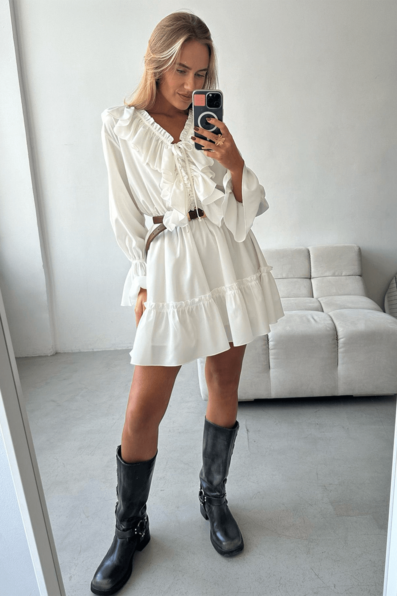 V Neck Ruffle Pleated Mini Dress