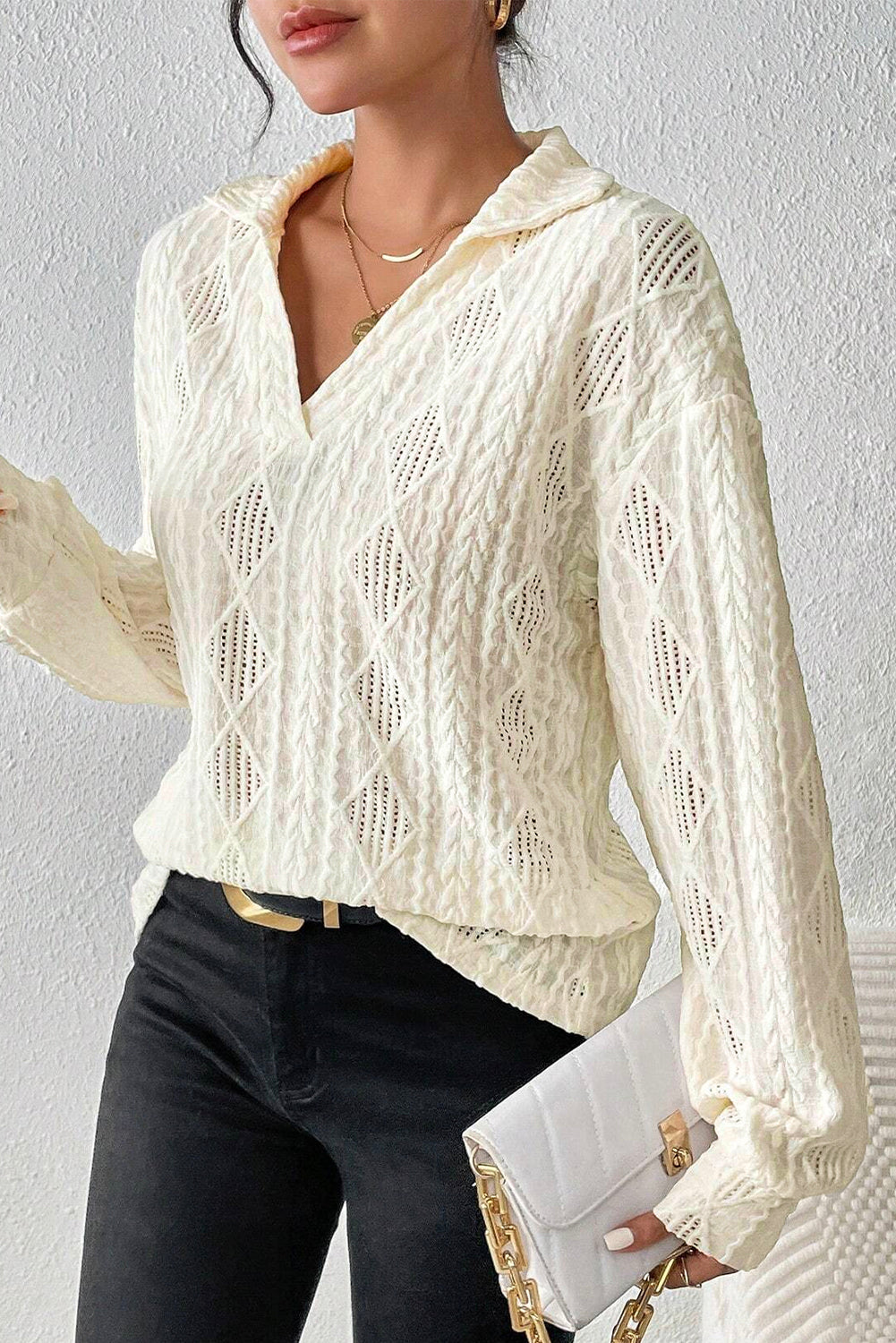 White Cable Rhombus Texture Collared Split Neck Top