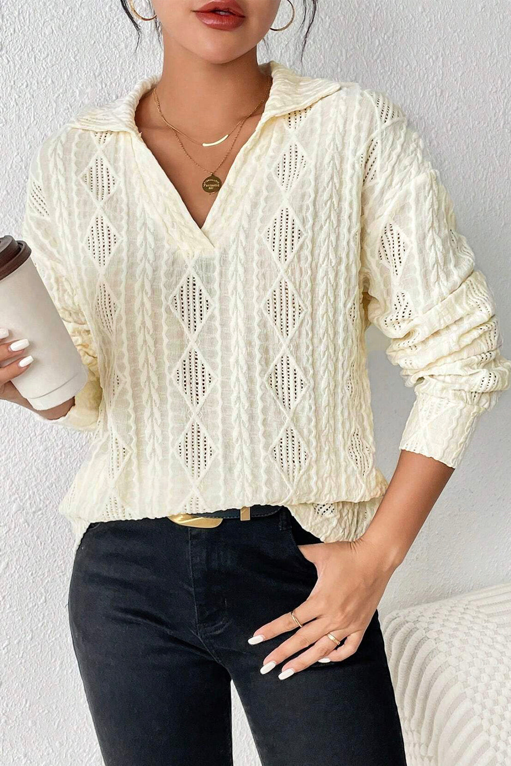 White Cable Rhombus Texture Collared Split Neck Top